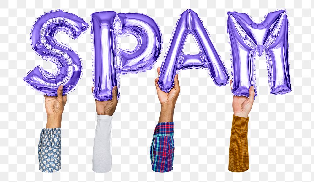 Spam word png, hands holding balloon typography, transparent background