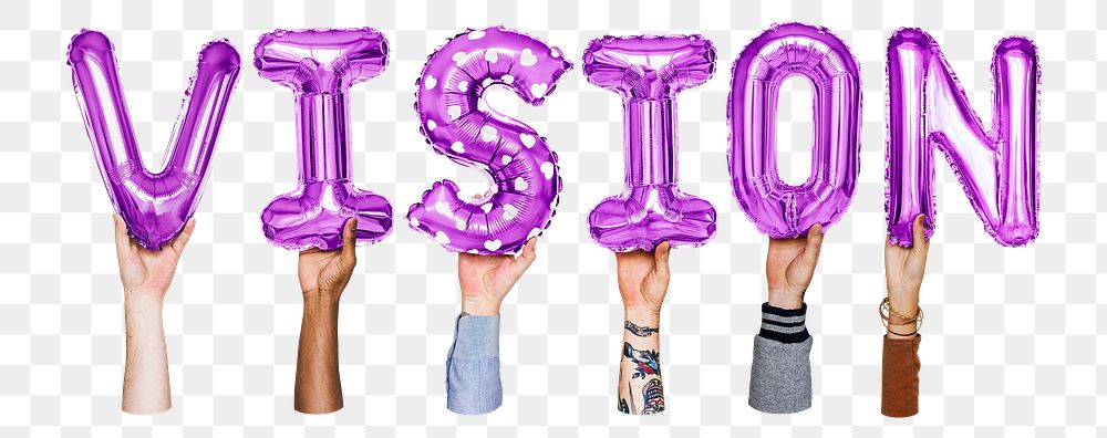 Vision word png, hands holding balloon typography, transparent background