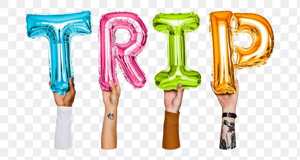 Trip word png, hands holding balloon typography, transparent background