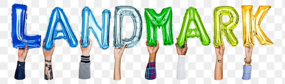 Landmark word png, hands holding balloon typography, transparent background