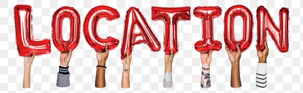 Location word png, hands holding balloon typography, transparent background