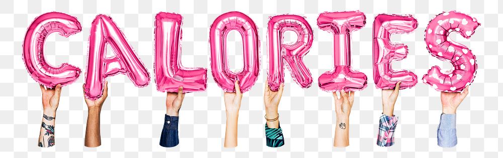 Calories word png, hands holding balloon typography, transparent background