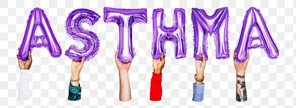 Asthma word png, hands holding balloon typography, transparent background