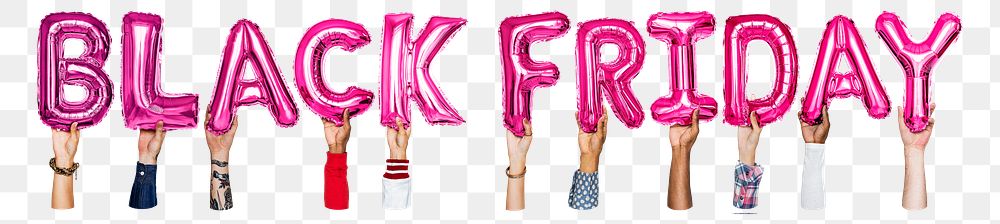 Black Friday word png, hands holding balloon typography, transparent background