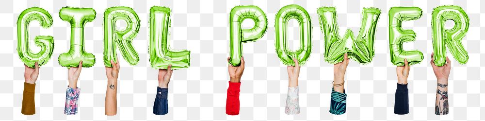 Girl power word png, hands holding balloon typography, transparent background