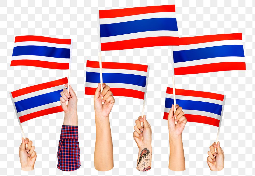 Hands waving png Thai flags, transparent background