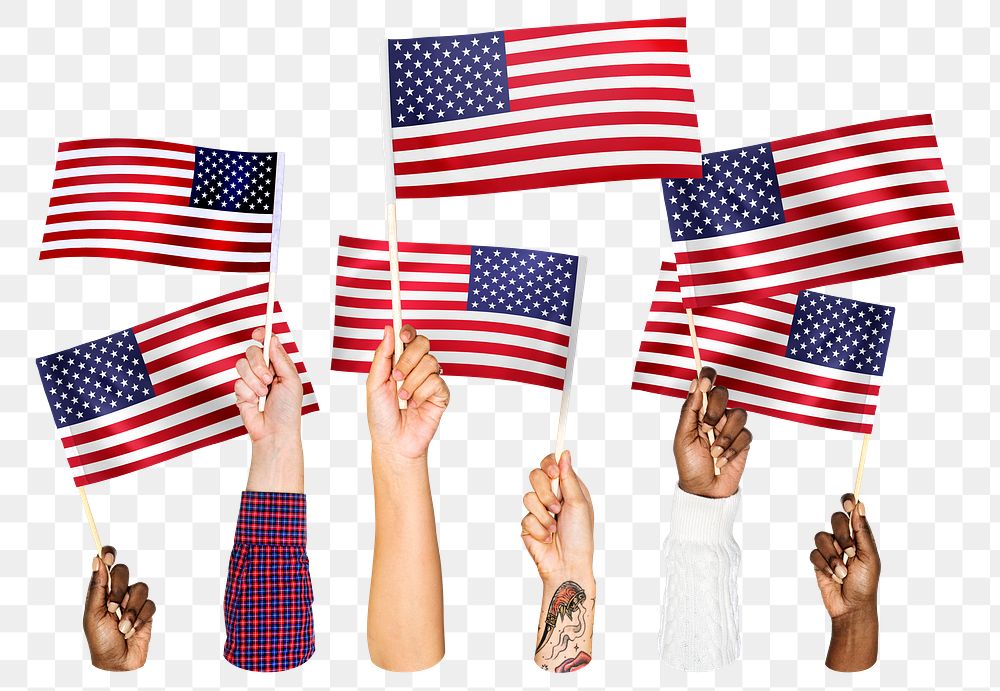 Hands waving png American flags, transparent background