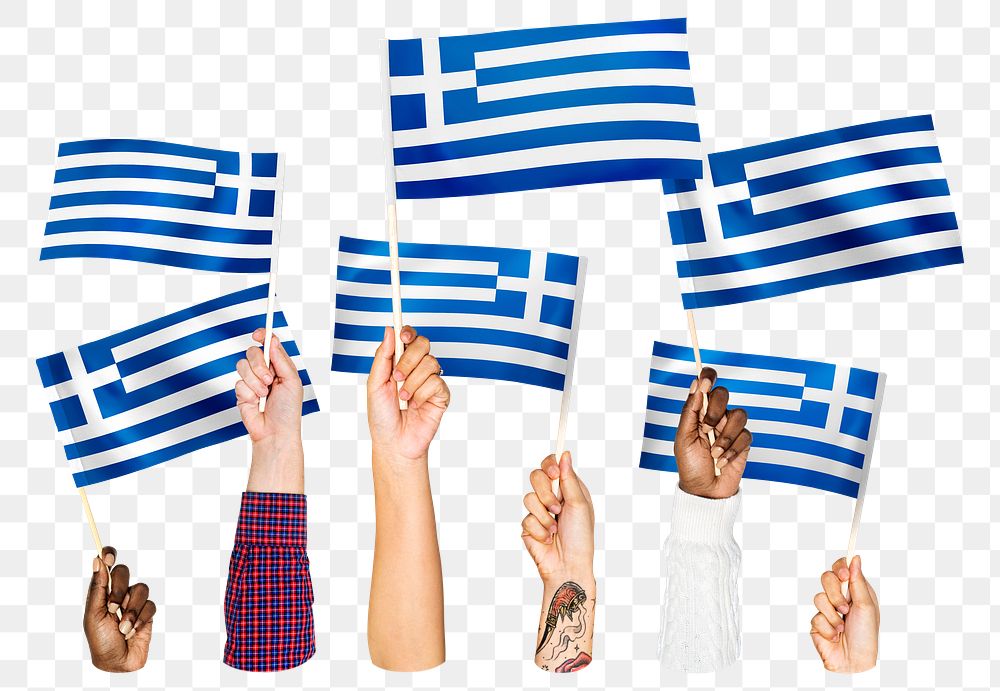 Hands waving png Greek flags, transparent background
