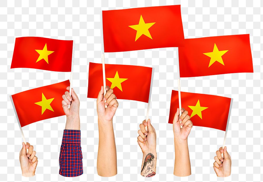 Hands waving png Vietnamese flags, transparent background