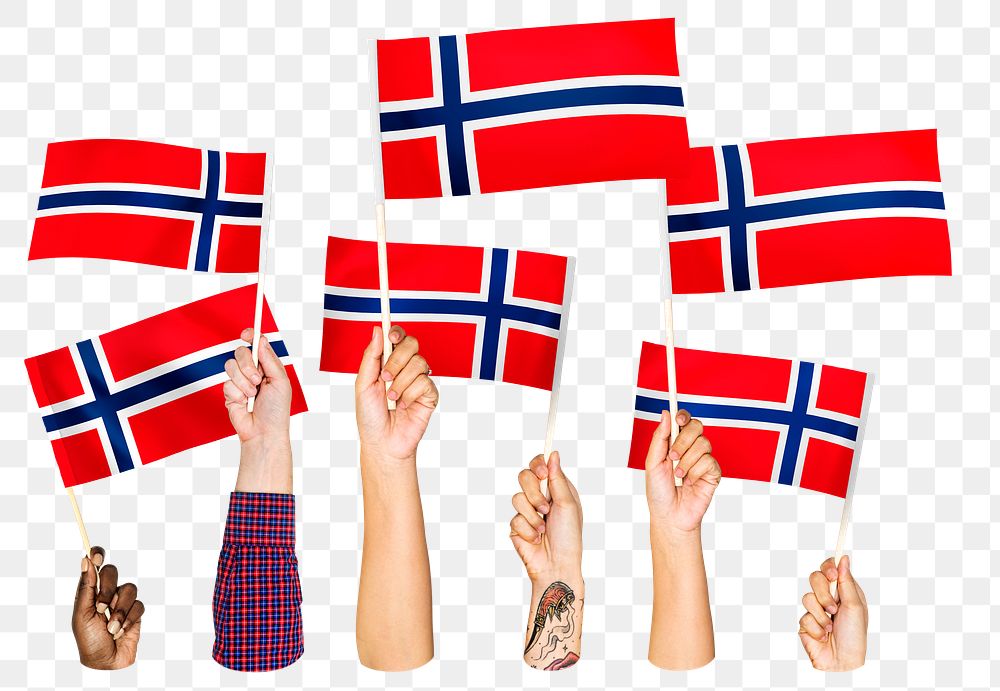 Hands waving png Norwegian flags, transparent background