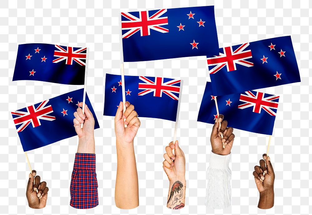 Hands waving png New Zealander flags, transparent background