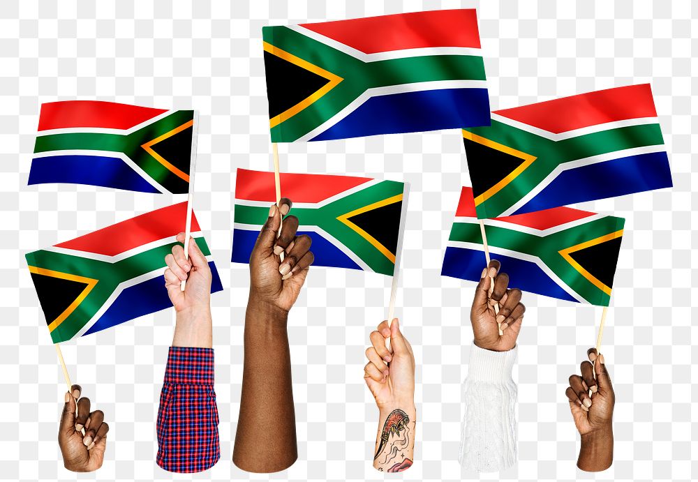 Hands waving png South African flags, transparent background