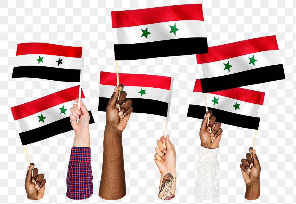 Hands waving png Syrian flags, transparent background