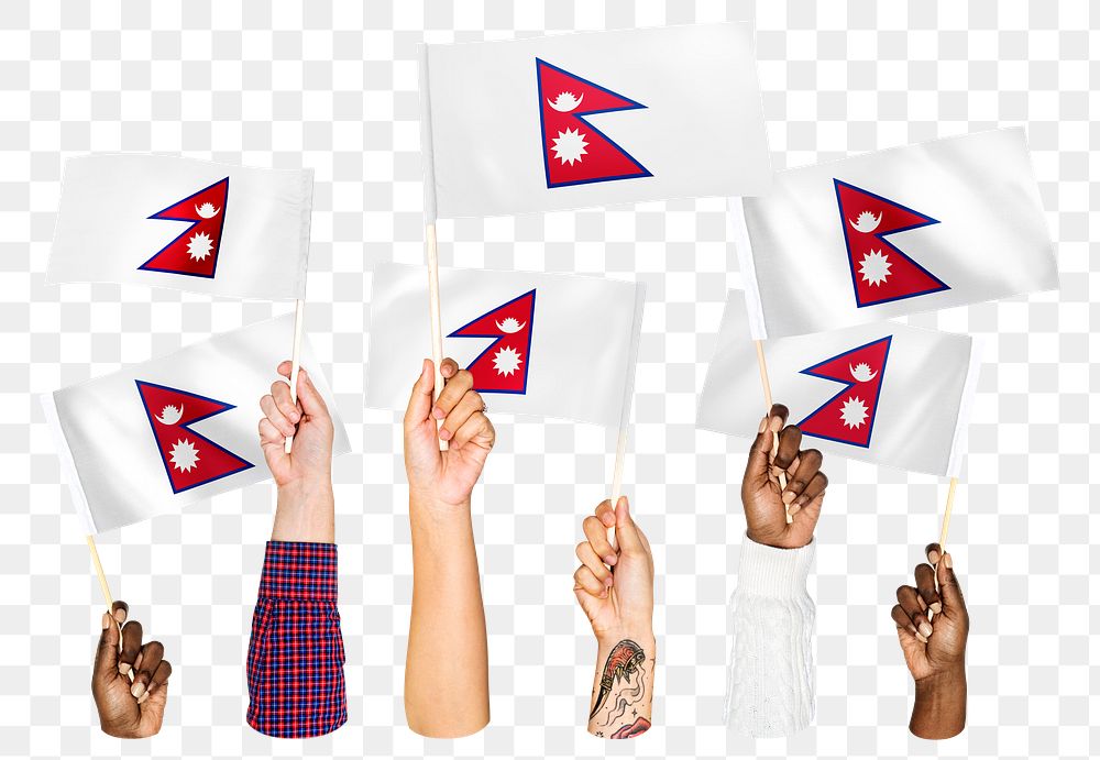 Hands waving png Nepalis flags, transparent background