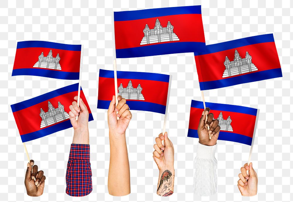 Hands waving png Cambodian flags, transparent background