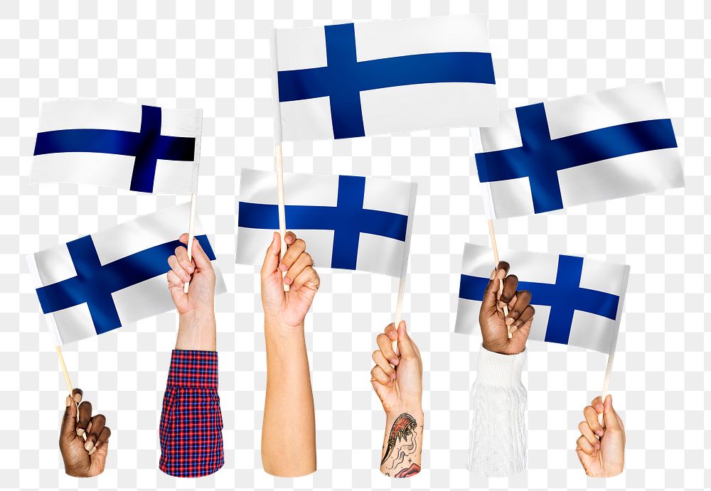 Hands waving png Finland flags, transparent background