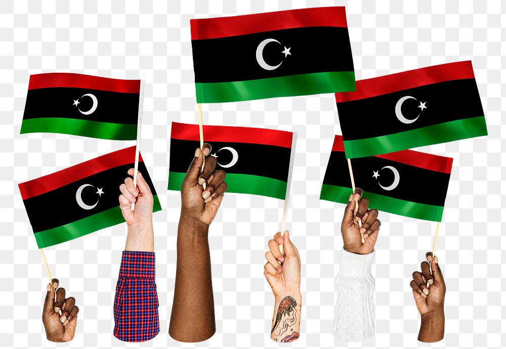 Hands waving png Libya flags, transparent background