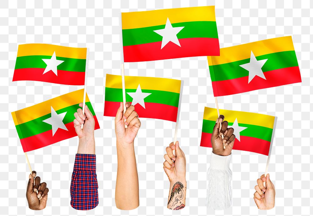 Hands waving png Myanmar flags, transparent background