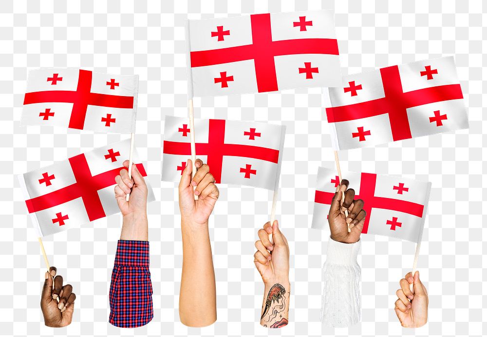 Hands waving png Georgian flags, transparent background