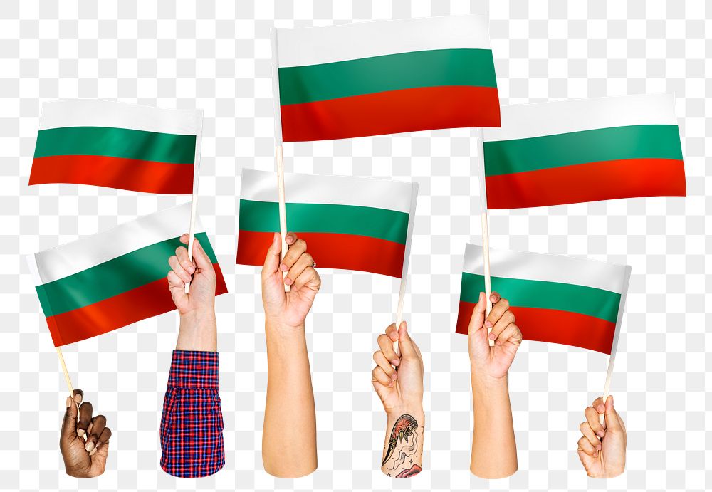 Hands waving png Bulgarian flags, transparent background