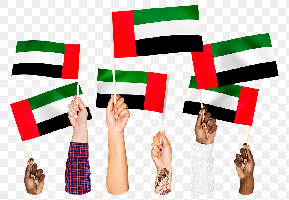 Hands waving png United Arab Emirates flags, transparent background