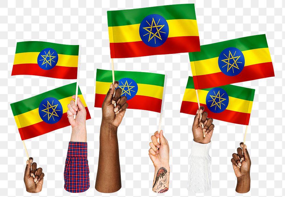 Hands waving png Ethiopian flags, transparent background