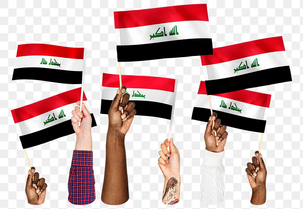 Hands waving png Iraqi flags, transparent background