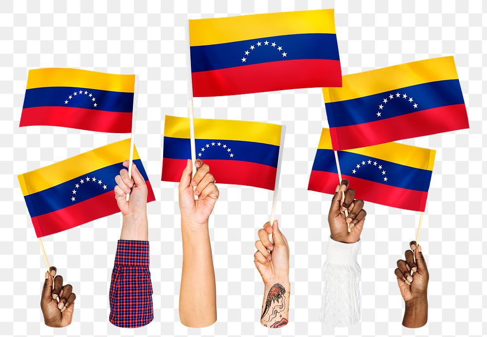 Hands waving png Venezuela flags, transparent background