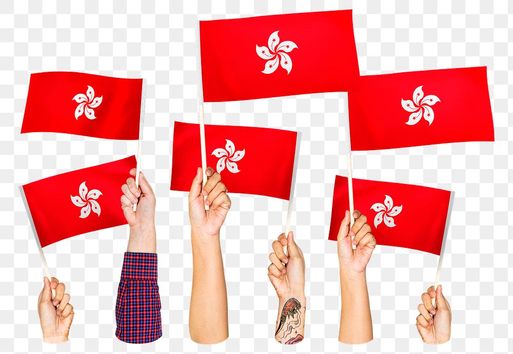 Hands waving png Hong Kong flags, transparent background