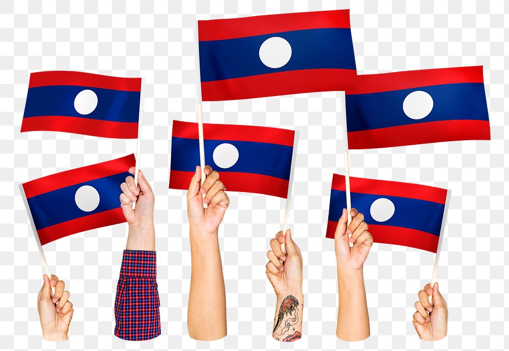 Hands waving png Lao PDR flags, transparent background