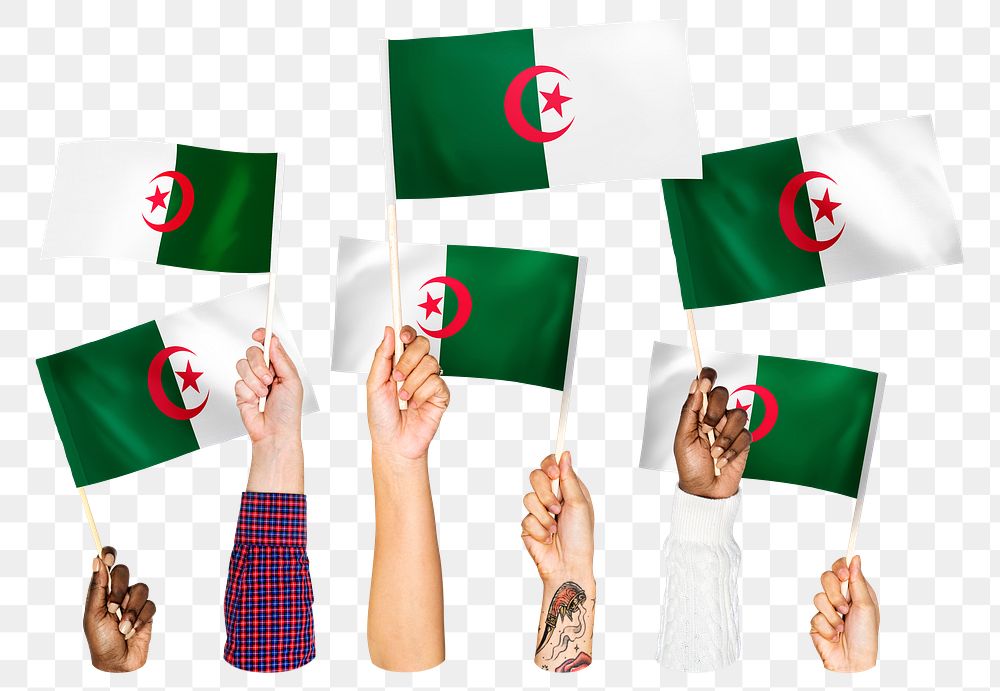 Hands waving png  Algeria flags, transparent background