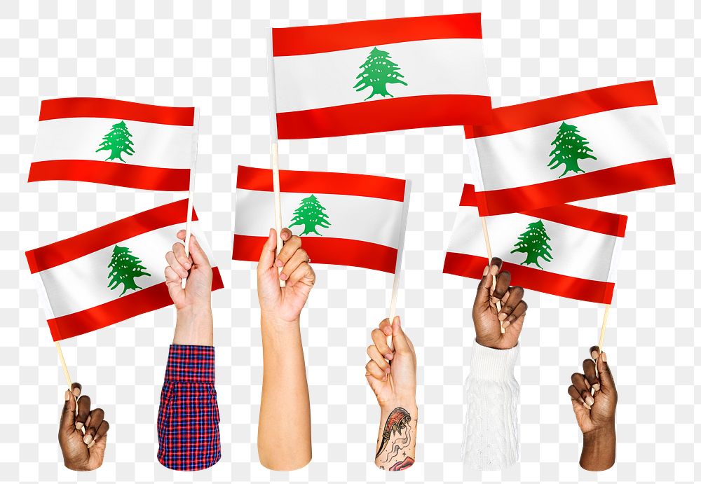 Hands waving png Lebanon flags, transparent background