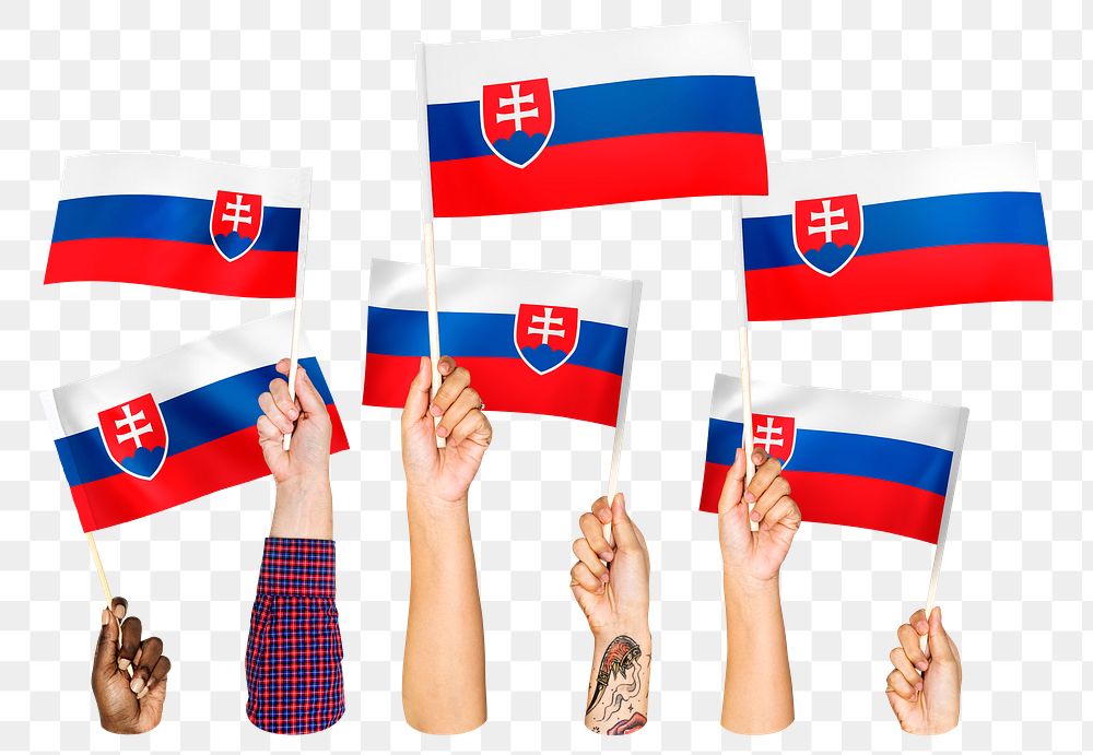 Hands waving png Slovakia flags, transparent background