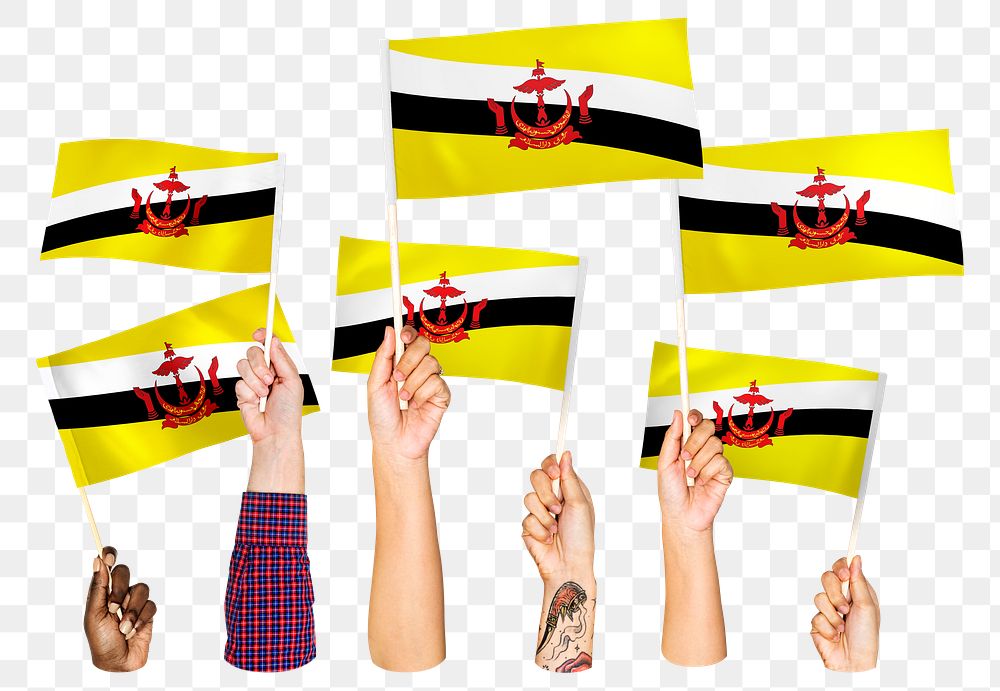 Hands waving png Brunei flags, transparent background