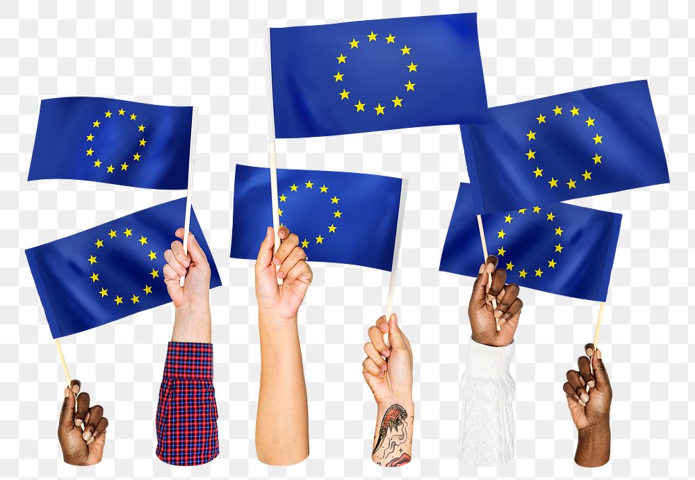 Hands waving png European Union flags, transparent background