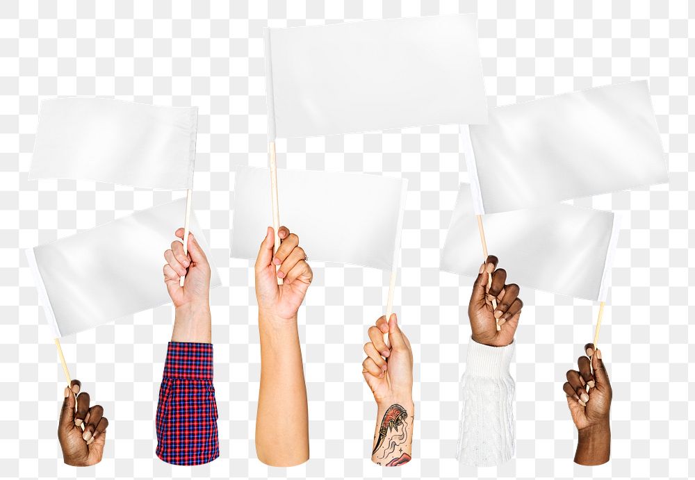 Hands waving white png flags, transparent background