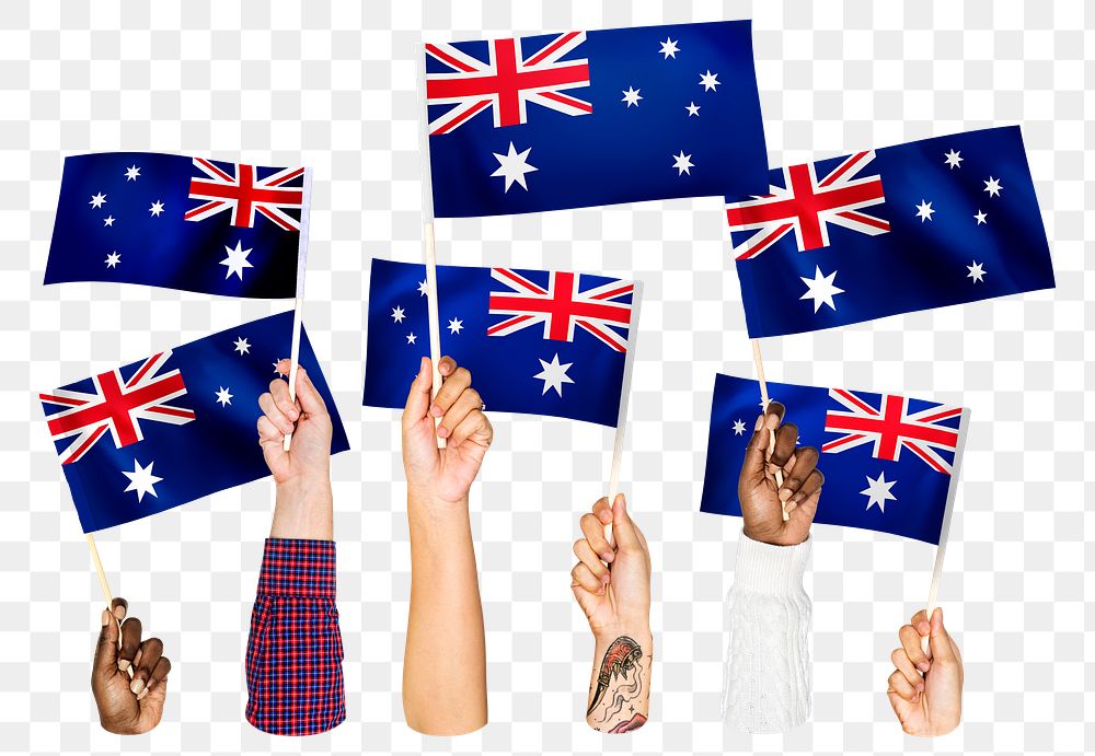 Hands waving png Australian flags, transparent background