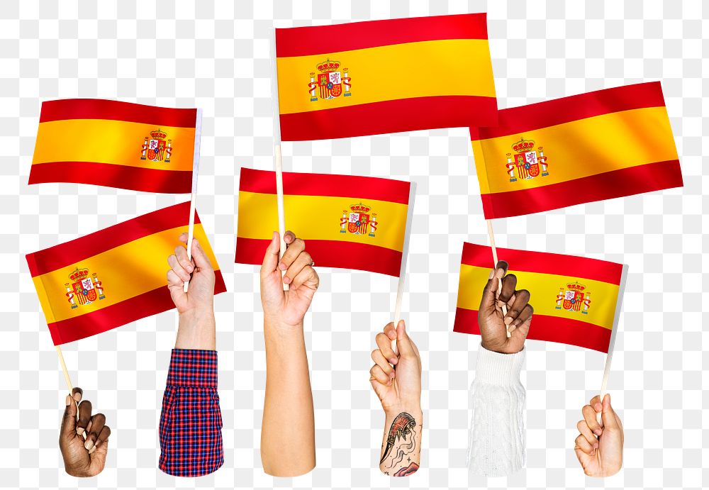 Hands waving png Spanish flags, transparent background