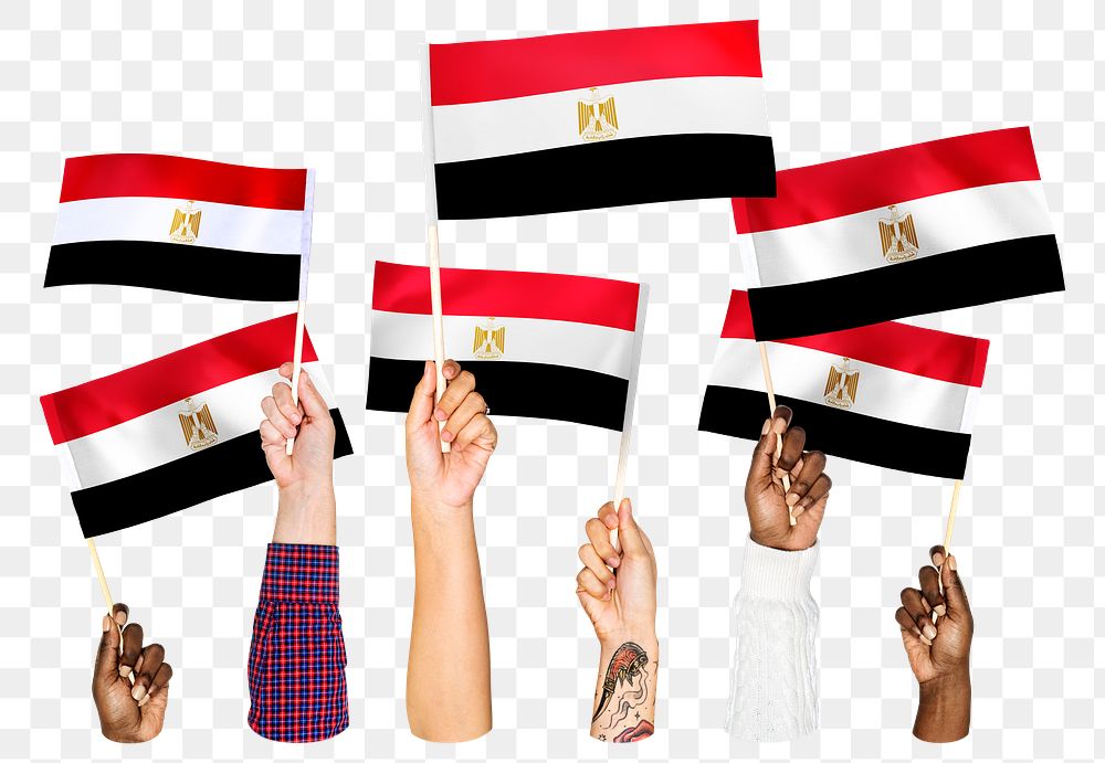 Hands waving png Egyptian flags, transparent background