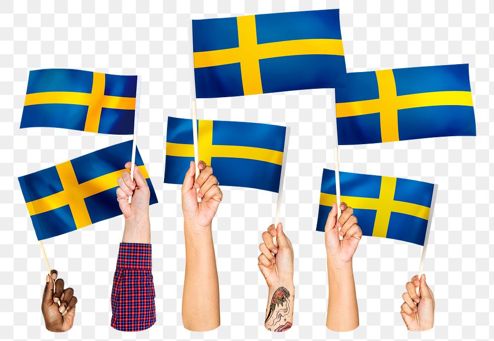 Hands waving png Swedish flags, transparent background