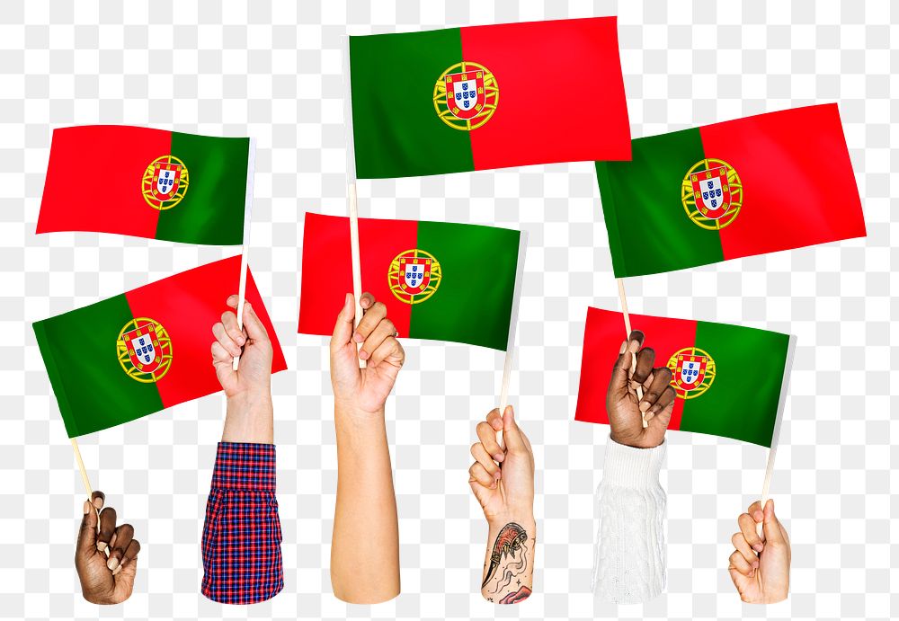 Hands waving png Portuguese flags, transparent background