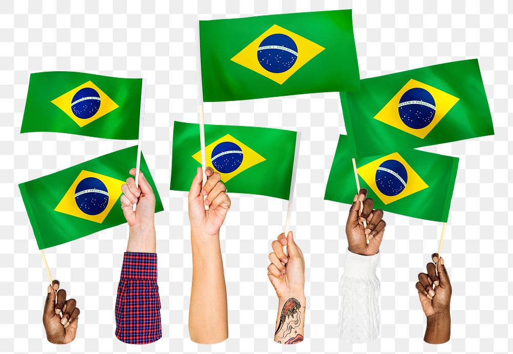 Hands waving png Brazilian flags, transparent background
