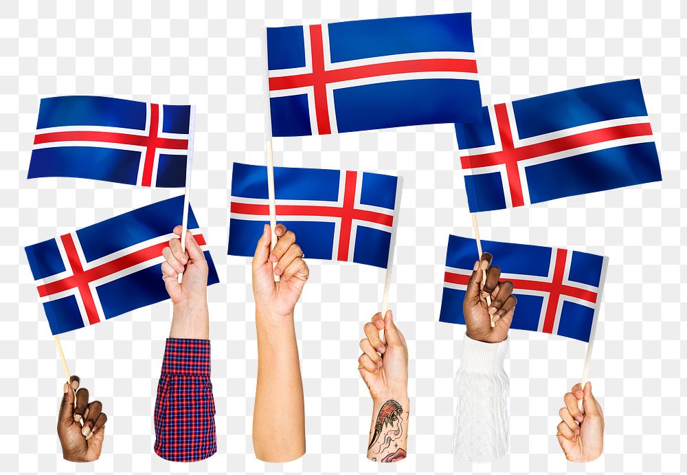 Hands waving png Icelandic flags, transparent background