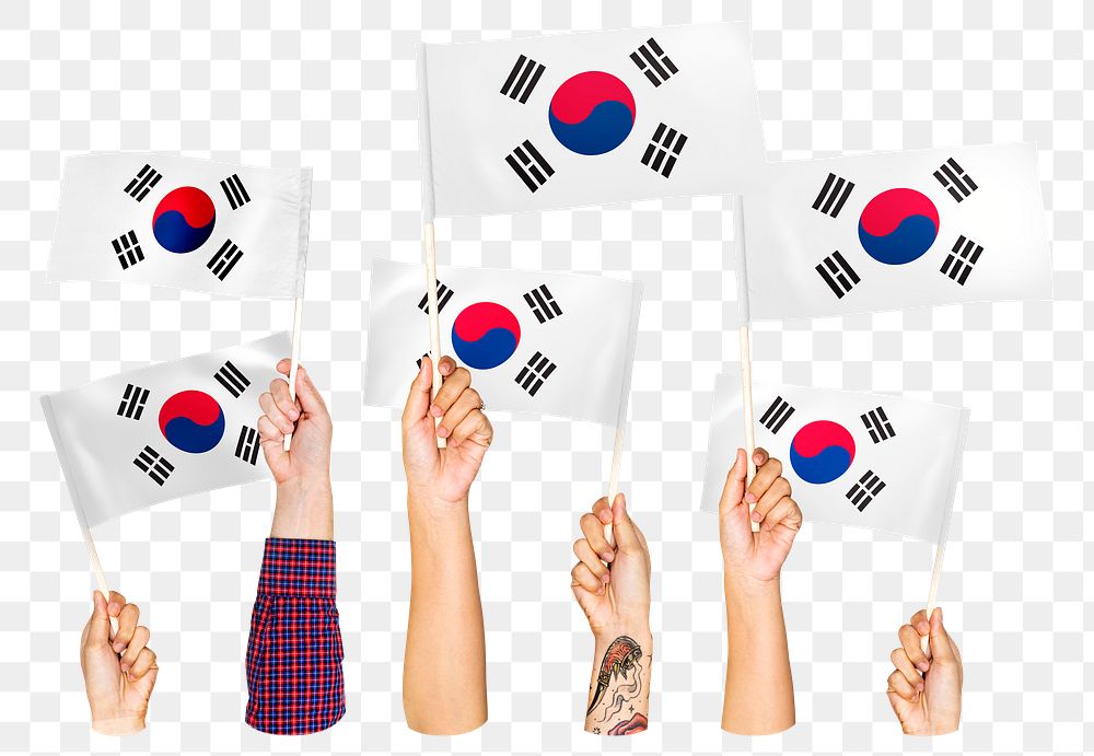 Hands waving png South Korean flags, transparent background