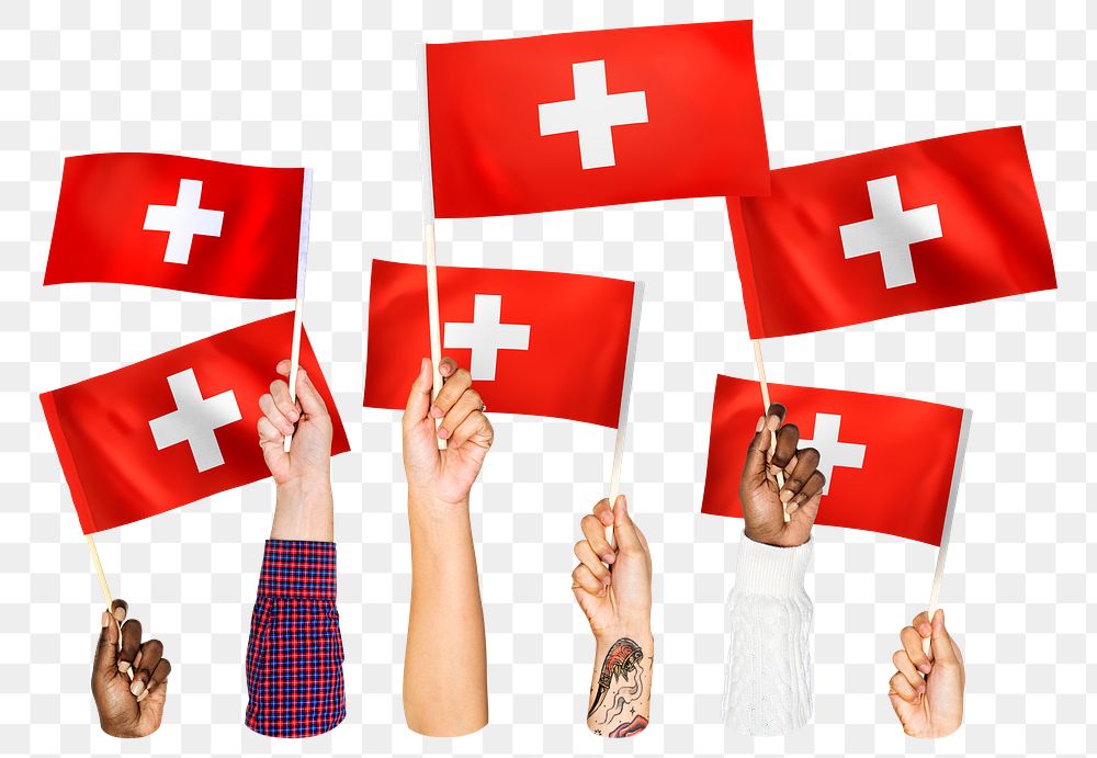 Hands waving png Switzerland flags, transparent background