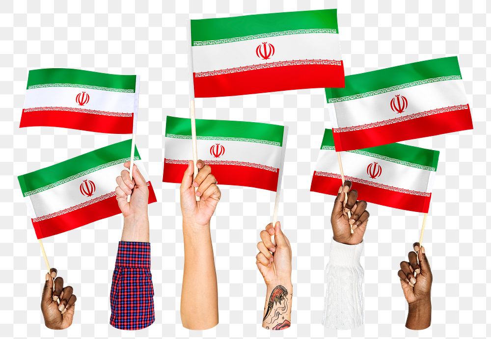 Hands waving png Iranian flags, transparent background