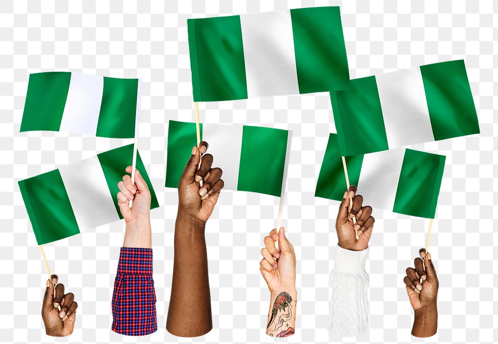 Hands waving png Nigerian flags, transparent background