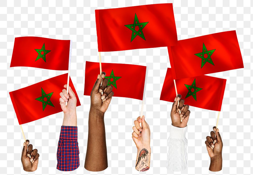 Hands waving png Moroccan flags, transparent background