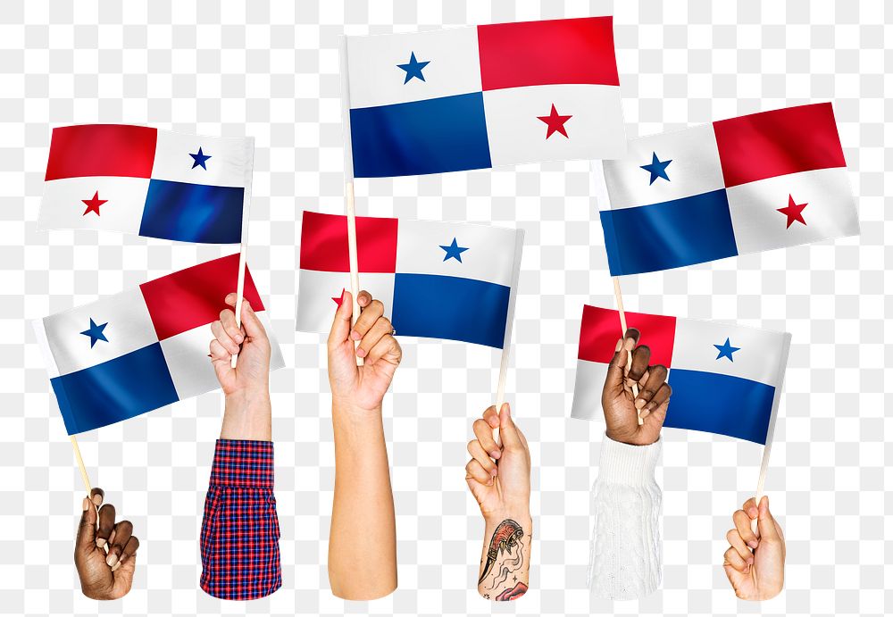 Hands waving png Panama flags, transparent background