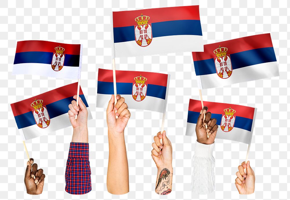 Hands waving png Serbian flags, transparent background